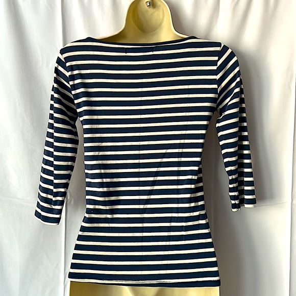 Zara Organic Cotton 3/4 Sleeve Navy Blue & White Striped Shirt Top **Size M** - Picture 2 of 3